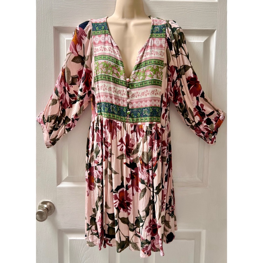 🌿 UMGEE Green Blush Pink Floral Tunic Top 3/4 Sleeve Mini Dress Rayon Flowy Lrg